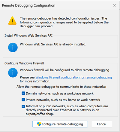 Captura de pantalla de la configuración del depurador remoto.