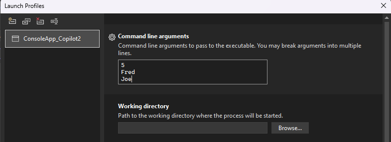 Captura de pantalla de cómo escribir argumentos de línea de comandos para el proyecto.