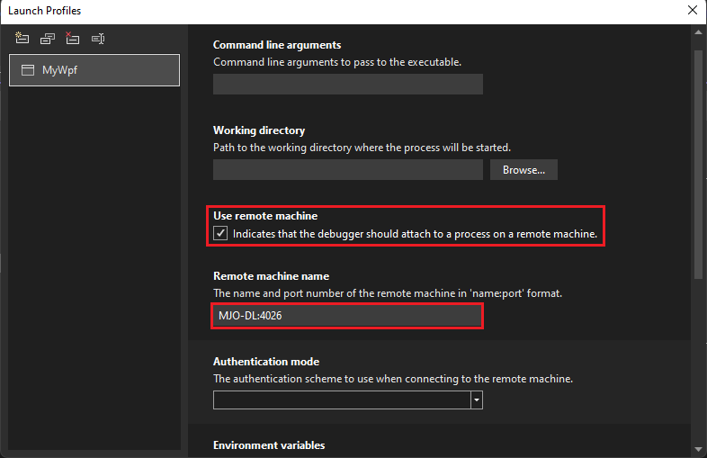Captura de pantalla de la opción Abrir la UI de perfiles de inicio de depuración en las propiedades de proyecto de Visual Studio para C# y .NET.