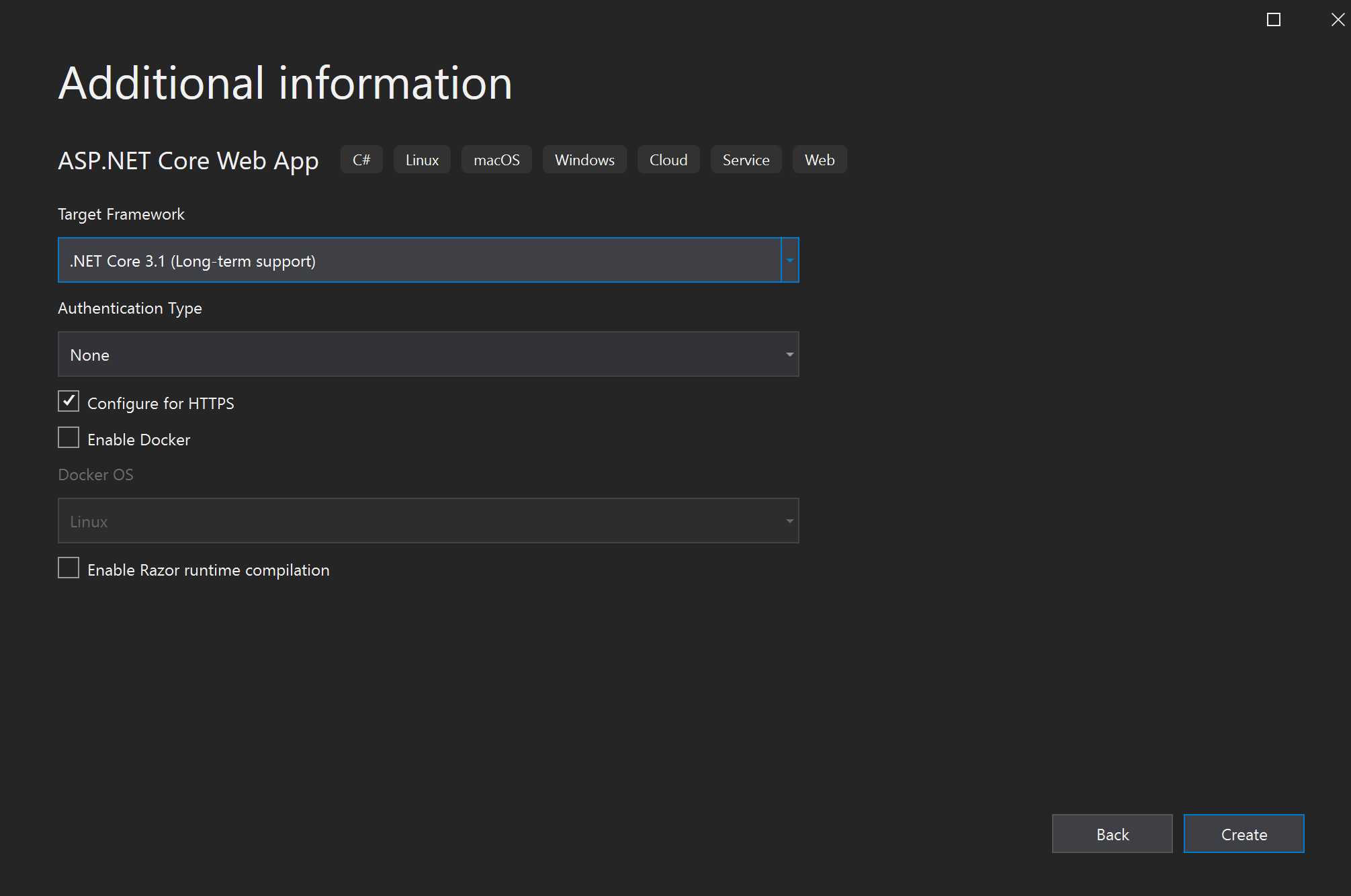 Captura de pantalla que muestra la configuración predeterminada en la ventana Información adicional donde la plataforma de destino está establecida en .NET Core 3.1.