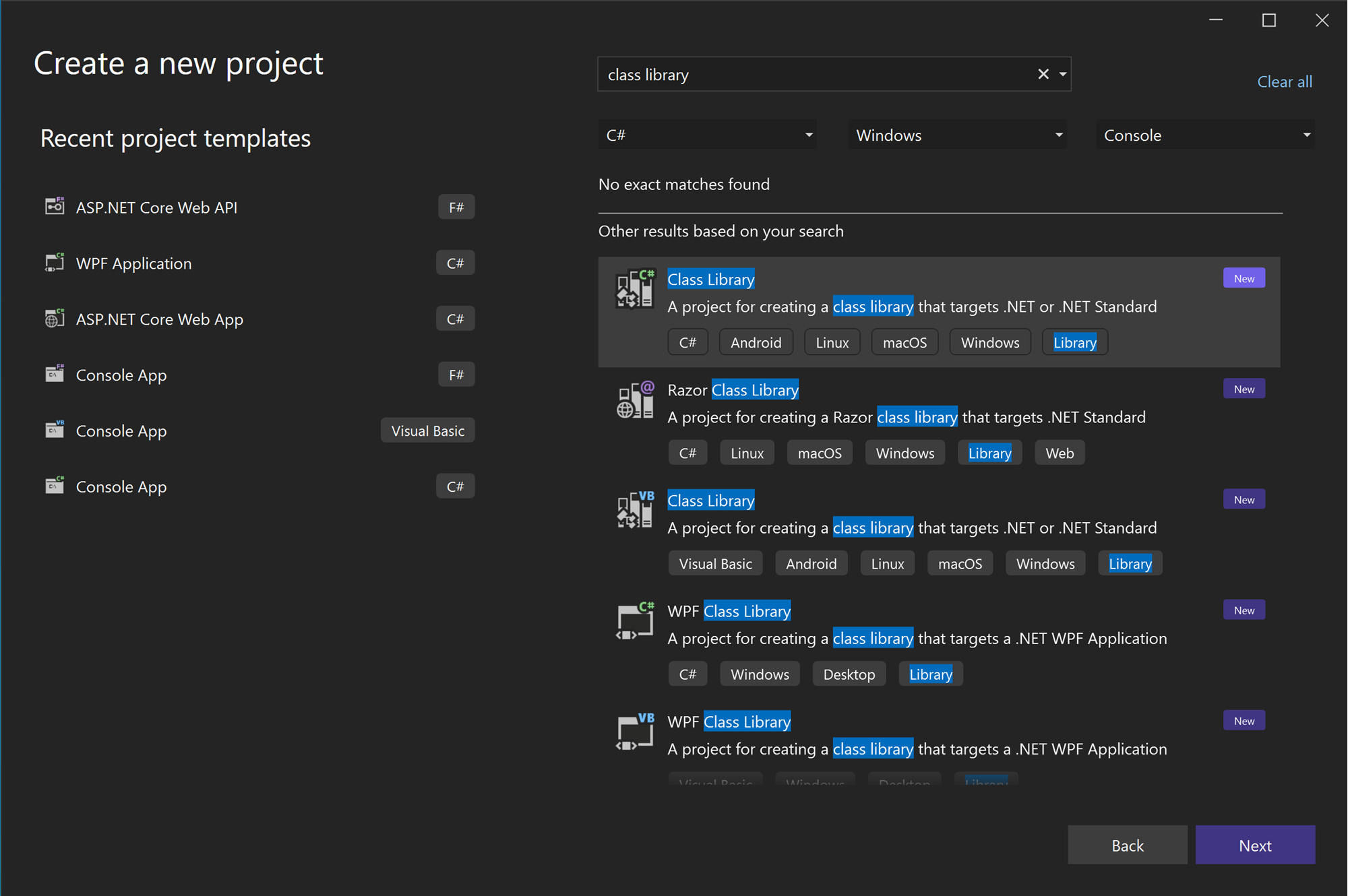 Captura de pantalla de la selección de la plantilla de proyecto Biblioteca de clases.