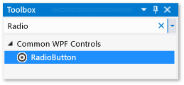 Screenshot of the Toolbox window with the RadioButton control selected in the list of Common WPF Controls. Toolbox window with RadioButton control selected