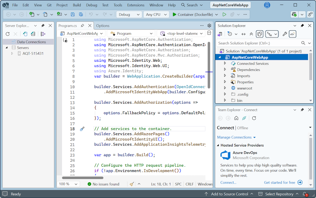 Captura de pantalla que muestra Visual Studio en el tema Cool Breeze.