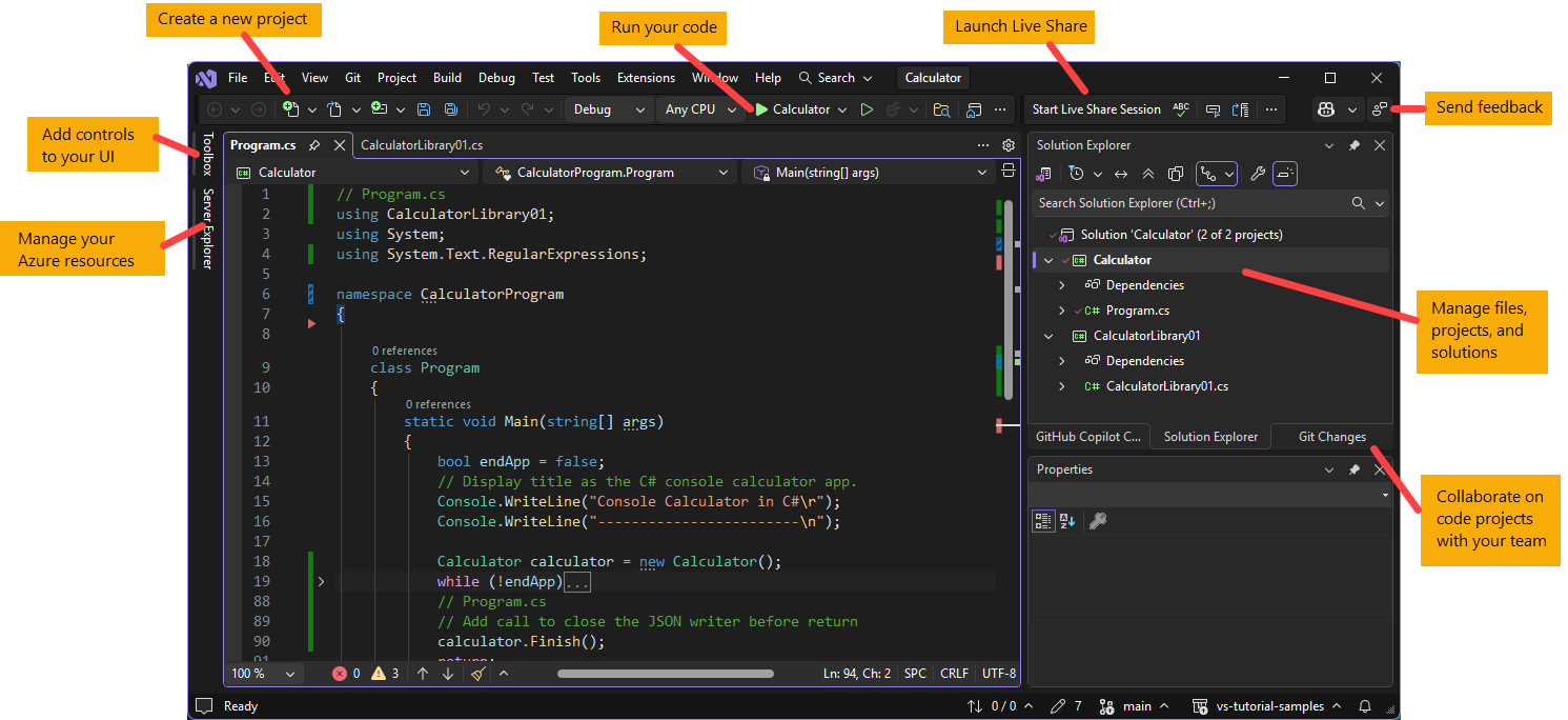 Captura de pantalla que muestra el IDE de Visual Studio 2026, con anotaciones que indican la ubicación de las características y funcionalidades clave.