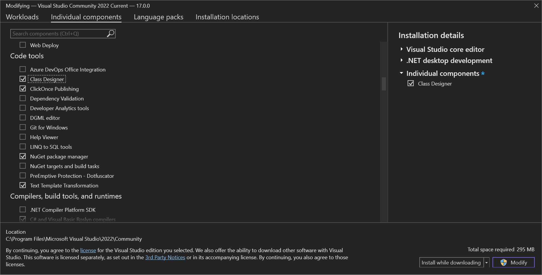 Captura de pantalla del componente del Diseñador de clases en el Instalador de Visual Studio.