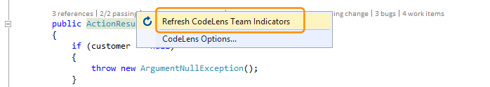 Captura de pantalla del elemento de menú Actualizar indicadores de equipo de CodeLens en Visual Studio 2019.