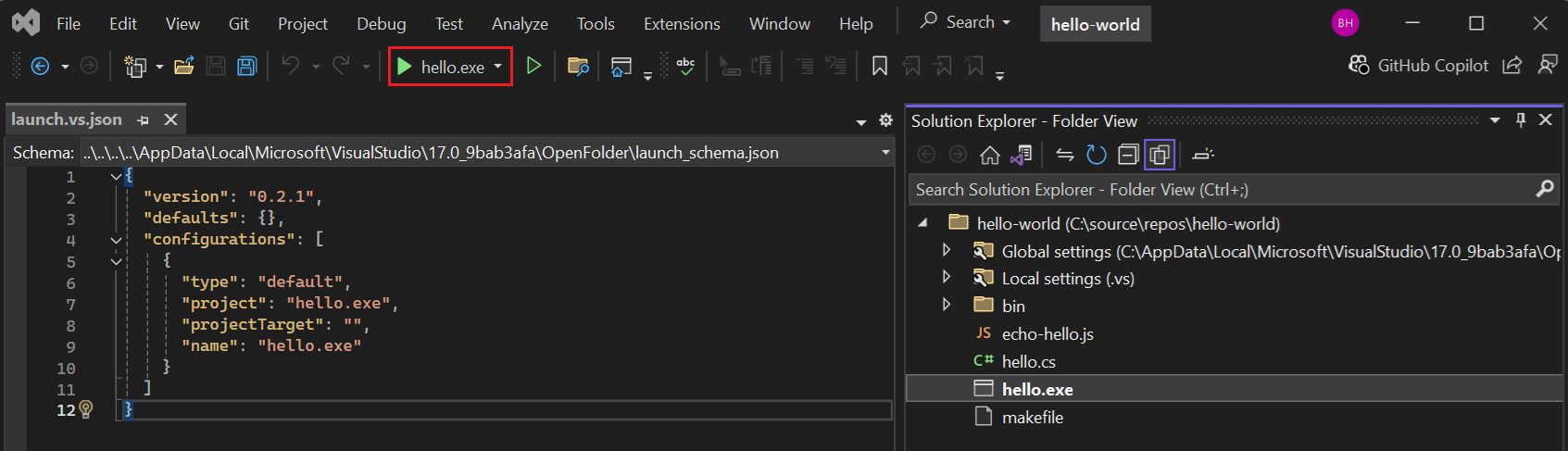 Captura de pantalla que muestra una etiqueta personalizada para la acción Inicio en Visual Studio.
