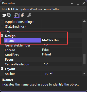 Captura de pantalla que muestra la propiedad Name con un valor de btnClickThis.
