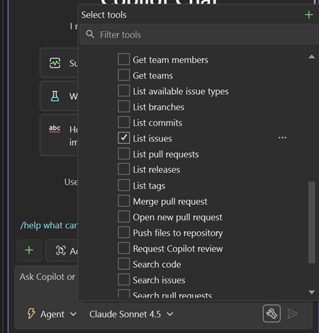 Captura de pantalla que muestra las herramientas de GitHub de MCP.
