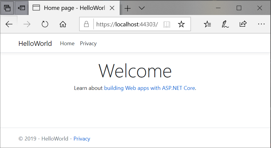 Captura de pantalla que muestra la página Inicio de la aplicación web en la ventana del explorador.