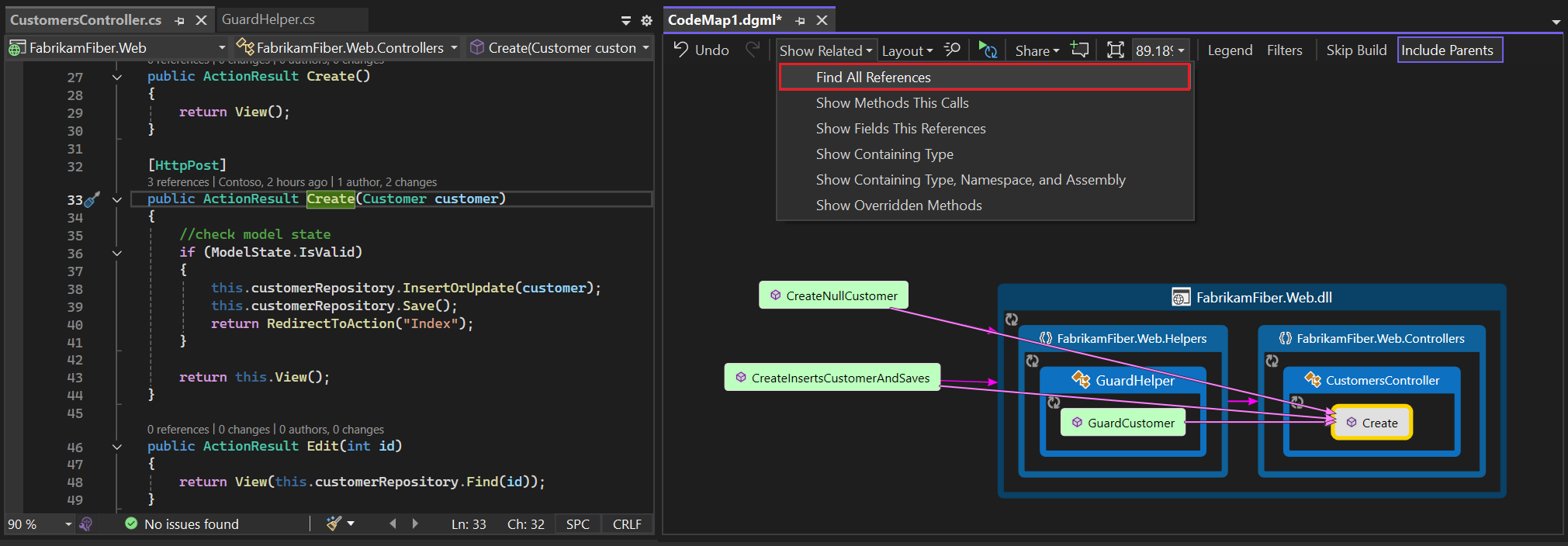 Captura de pantalla que muestra cómo crear un mapa de todas las referencias a código específico mediante CodeLens en Visual Studio.