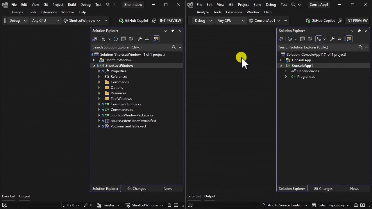 Copie archivos o carpetas entre instancias de Visual Studio mediante Explorador de soluciones.