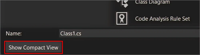 Captura de pantalla del selector de clase del cuadro de diálogo de Agregar Rápido, con el botón Mostrar vista compacta destacado para énfasis.