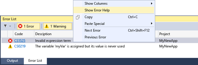 Captura de pantalla de la lista de errores de Visual Studio Búsqueda de Bing.