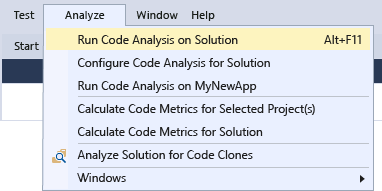 Captura de pantalla del elemento de menú Análisis de Visual Studio Code.