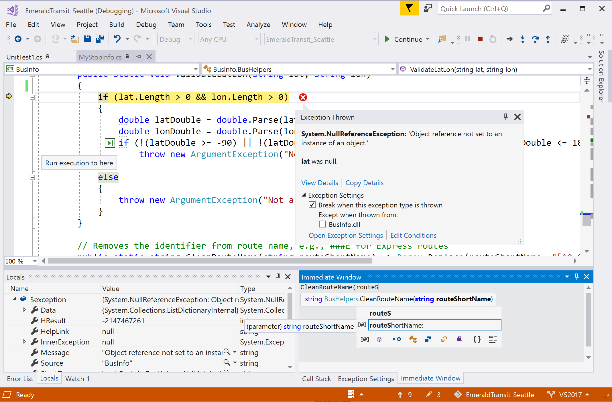 Asistente de excepciones de Visual Studio
