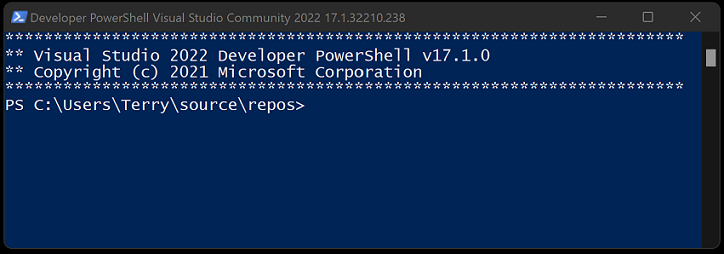 Captura de pantalla de la herramienta de PowerShell para desarrolladores en Visual Studio 2022.