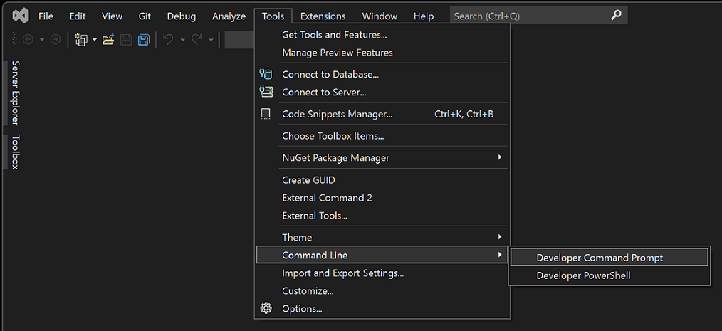 Captura de pantalla del menú Línea de comandos de Visual Studio 2022.