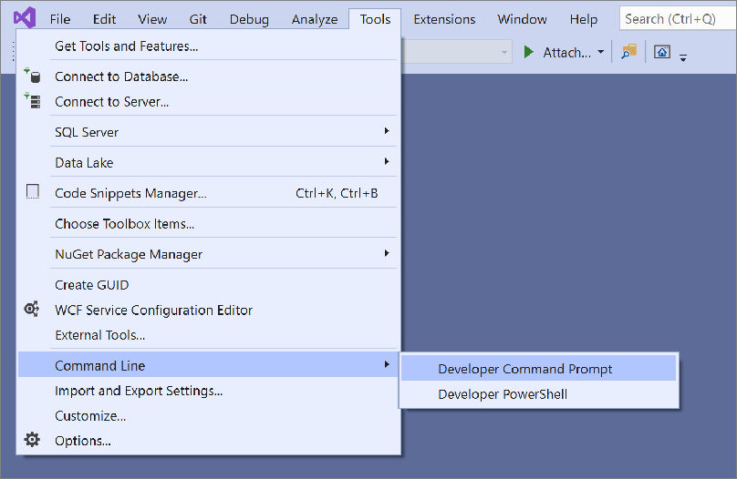 Captura de pantalla del menú Línea de comandos de Visual Studio 2019.