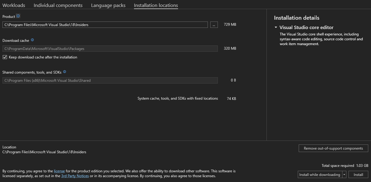 Captura de pantalla que muestra la pestaña Ubicaciones de instalación del Instalador de Visual Studio.