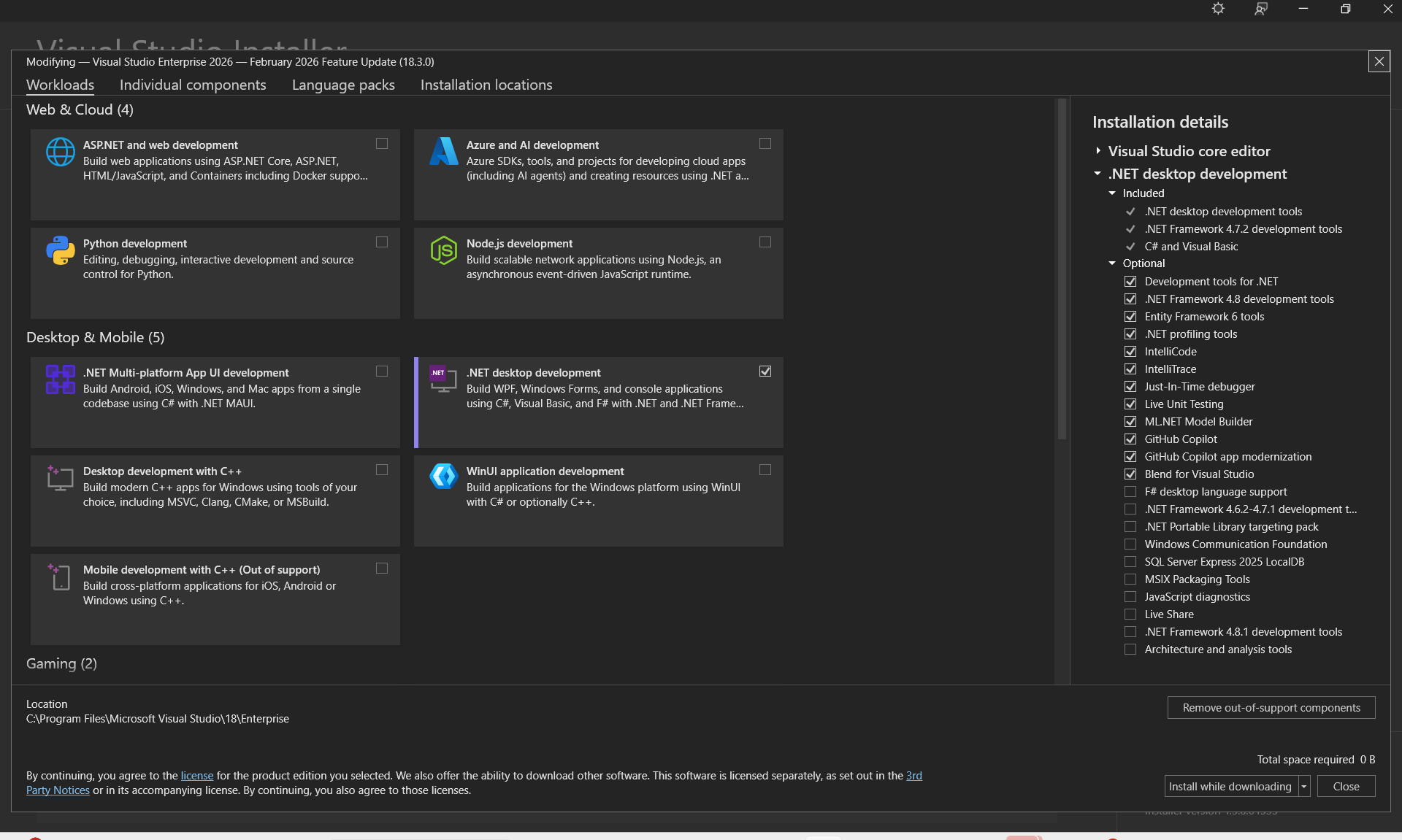 Captura de pantalla de la pestaña Cargas de trabajo del Instalador de Visual Studio.