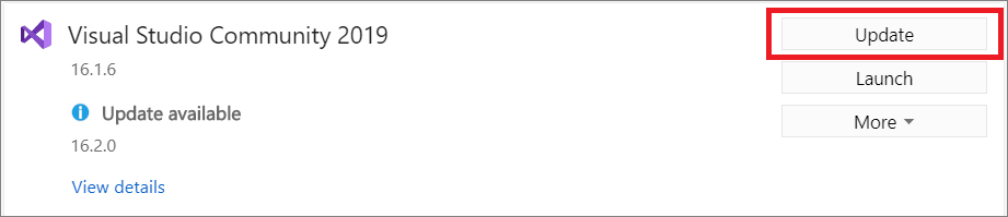 Captura de pantalla en la que se muestra el botón Actualizar del Instalador de Visual Studio que se puede usar para actualizar a una instalación de Visual Studio 2019.