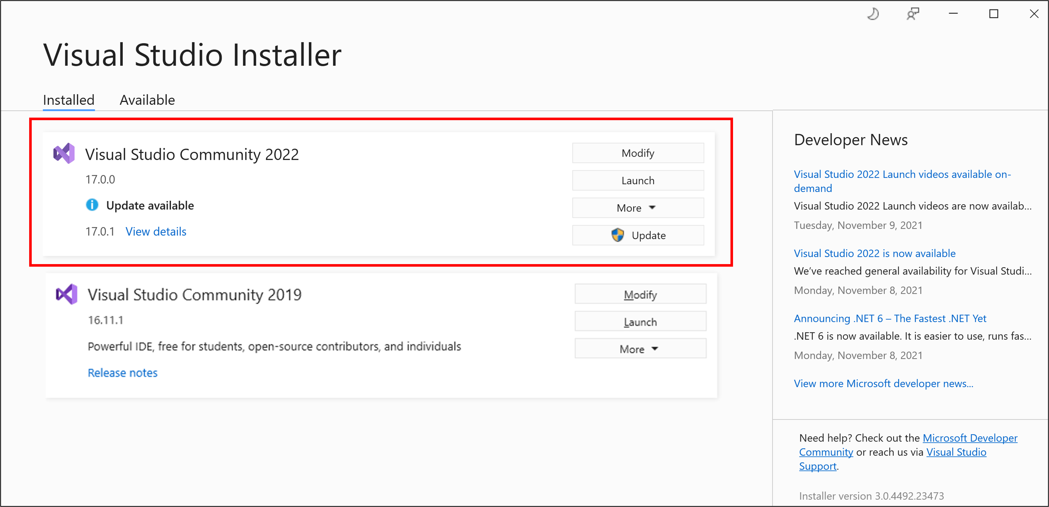 Captura de pantalla que muestra el botón Actualizar y el mensaje de la Instalador de Visual Studio cuando hay disponible una nueva actualización.