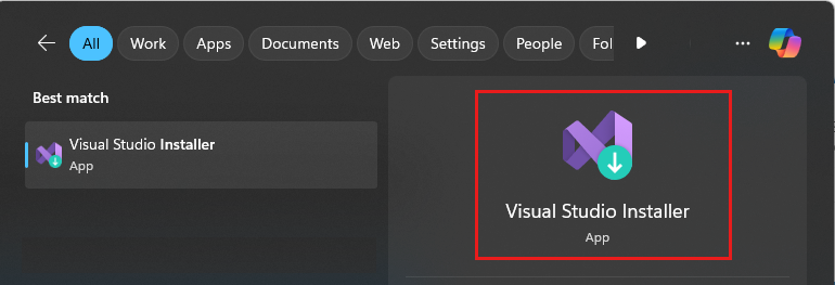Captura de pantalla en la que se muestra el resultado de una búsqueda en el menú Inicio del Instalador de Visual Studio.