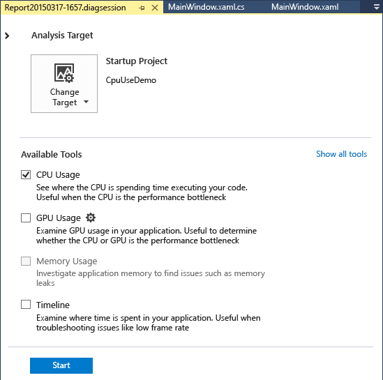 Seleccione uso de CPU Captura de pantalla que muestra Seleccionar uso de CPU.