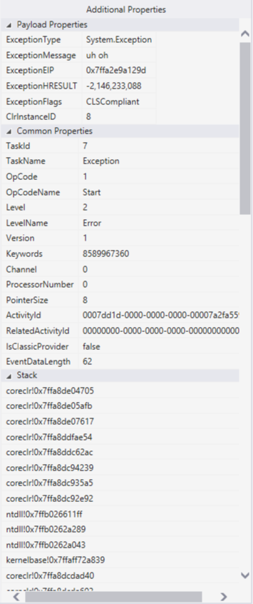 El visor de eventos que muestra las pilas El visor de eventos que muestra las pilas