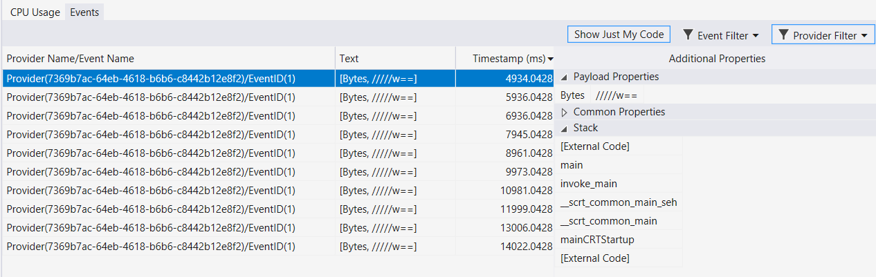 Visor de eventos que muestra eventos personalizados Captura de pantalla del visor de eventos que muestra eventos personalizados.