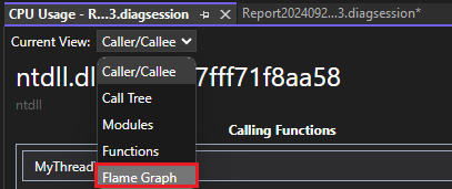 Captura de pantalla que muestra la vista Flame Graph seleccionada.