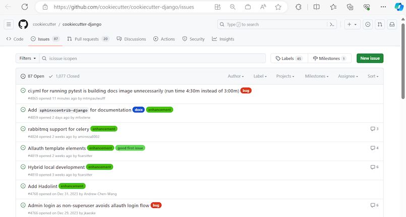 Captura de pantalla que muestra la lista de problemas notificados para una plantilla en GitHub.