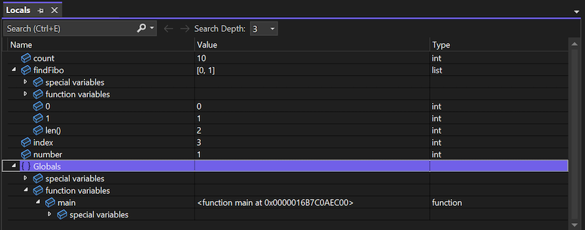 Recorte de pantalla que muestra la ventana de Variables locales en el depurador de Visual Studio.