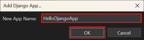 Captura de pantalla que muestra cómo escribir un nombre para la nueva aplicación de Django en Visual Studio.