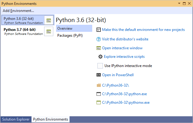 Captura de pantalla de la vista expandida de la ventana Entornos de Python en Visual Studio 2019.