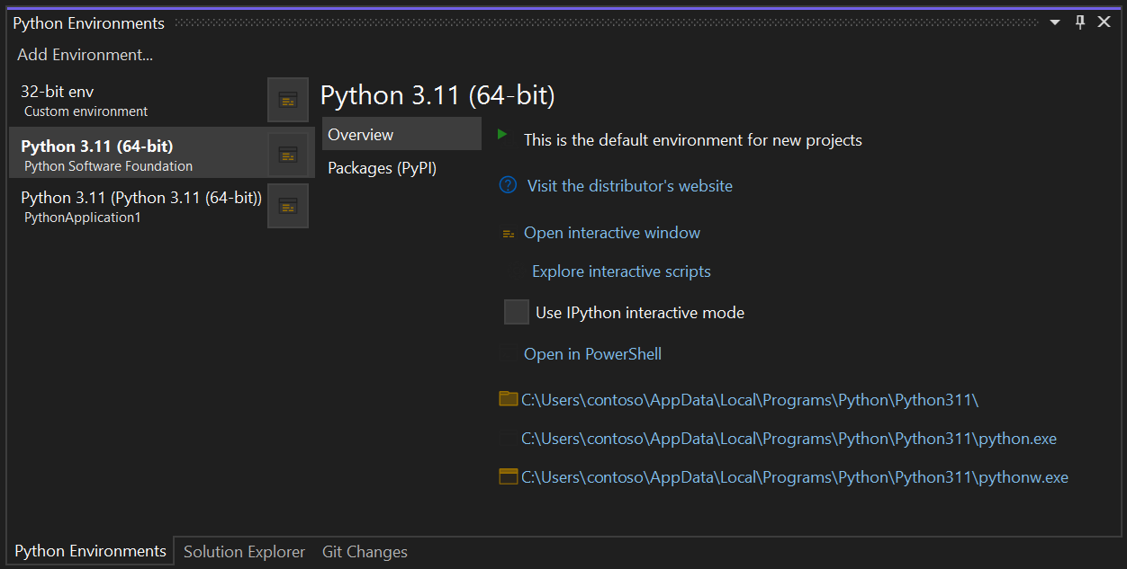 Captura de pantalla de la vista expandida de la ventana Entornos de Python en Visual Studio 2022.