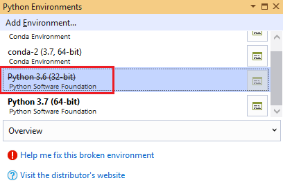 Captura de pantalla de la ventana Entornos de Python en la que se muestra un entorno no válido en Visual Studio.