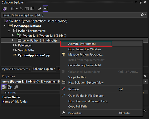 Screenshot that shows how to activate a project environment in Visual Studio.