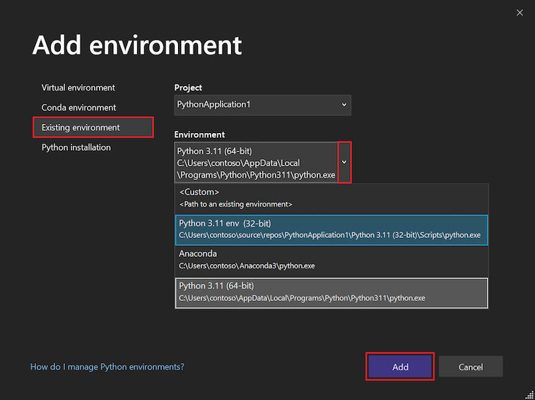 Screenshot that shows how to select a project environment in the Add Environments dialog in Visual Studio.