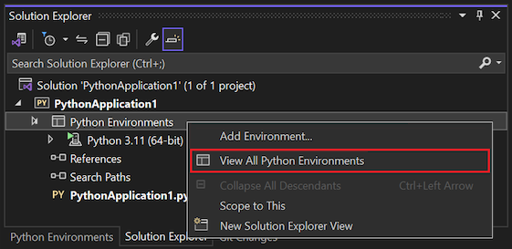 Captura de pantalla del comando Ver todos los entornos de Python del Explorador de soluciones para Visual Studio 2022.