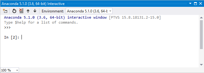 Captura de pantalla que muestra la ventana interactiva en modo de Python en Visual Studio.