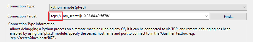 Screenshot that shows how to specify TCPS as the remote debugging transport with SSL.