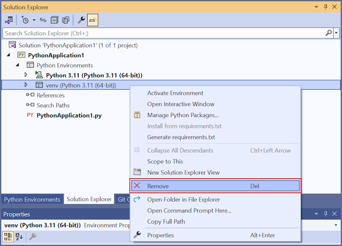 Captura de pantalla donde se indica cómo eliminar un entorno de Python en Visual Studio.
