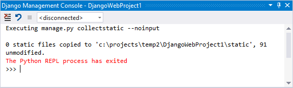 Captura de pantalla que indica el resultado del comando Collect Static en Visual Studio.