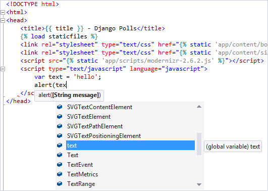 Captura de pantalla donde aparece la compatibilidad de IntelliSense con JavaScript que se usa en el desarrollo de Django en Visual Studio.