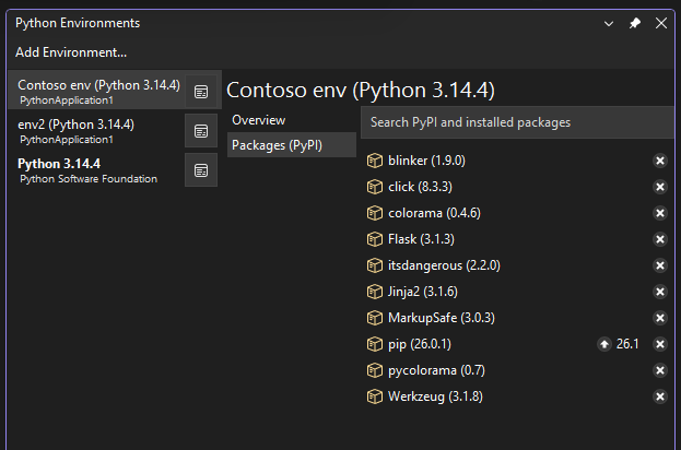 Captura de pantalla que muestra los paquetes actuales para el entorno seleccionado en la ventana de entornos de Python.