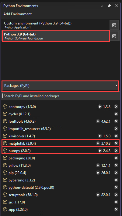 Captura de pantalla que muestra los paquetes matplotlib y numpy recién instalados para el entorno seleccionado en la ventana Entornos de Python de Visual Studio.