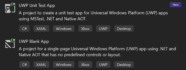 UWP .NET 9 plantillas de proyecto MSTest