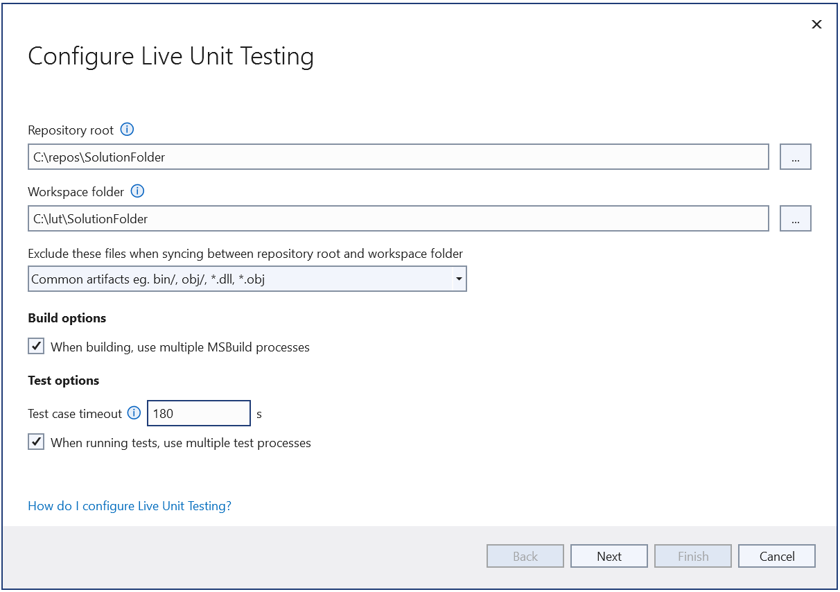 Captura de pantalla que muestra la página 1 del Asistente para configuración de Live Unit Testing.